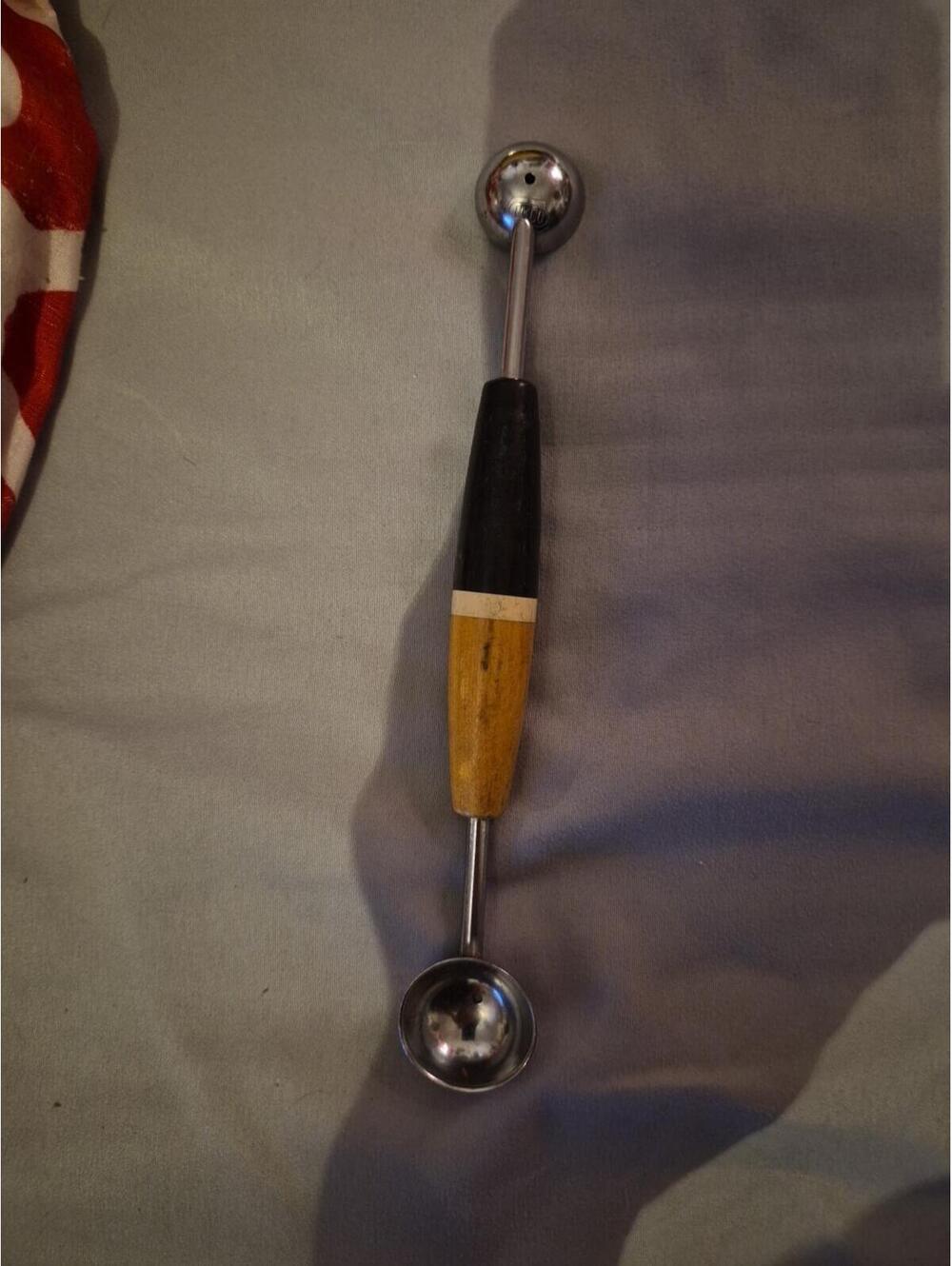 Vintage EKCO Double Melon Baller Black White Striped Wood Handle USA Wooden